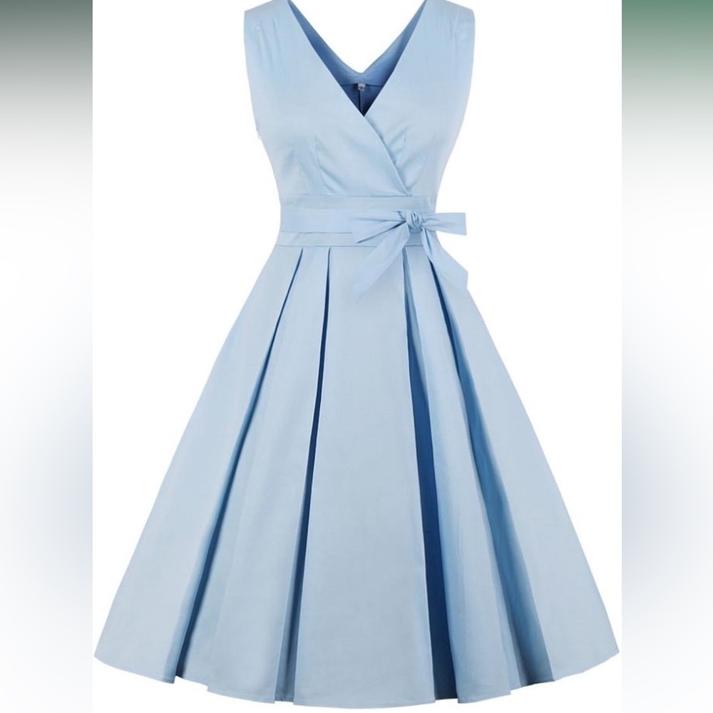 Sleeveless Light Blue Wrap Midi Dress with Waist Tie